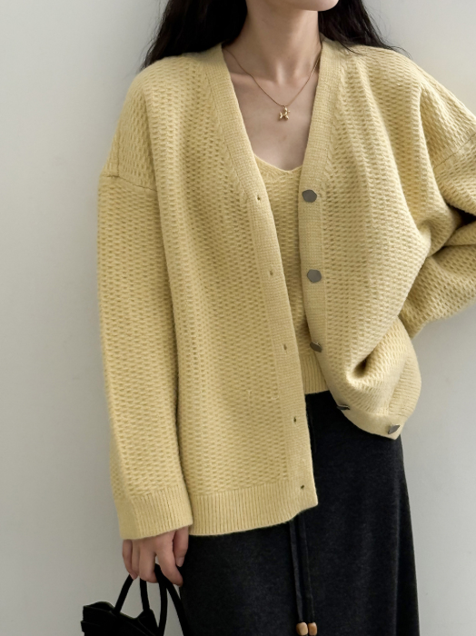 ワッフルニットカーデ × リブキャミソールセット