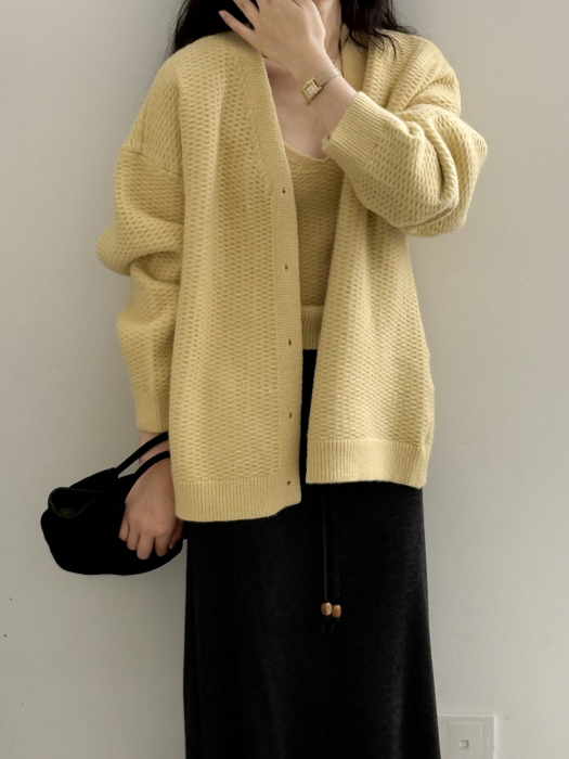 ワッフルニットカーデ × リブキャミソールセット