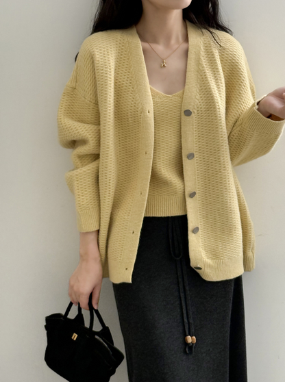 ワッフルニットカーデ × リブキャミソールセット