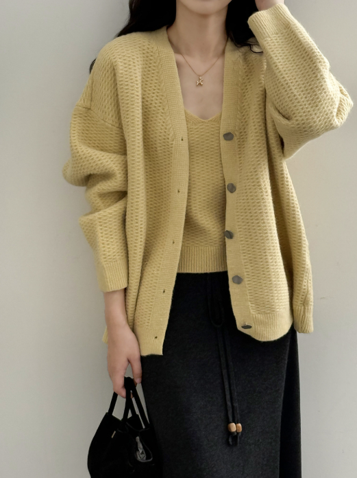 ワッフルニットカーデ × リブキャミソールセット