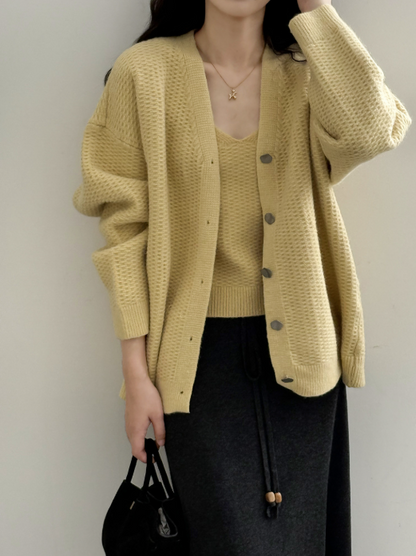 ワッフルニットカーデ × リブキャミソールセット