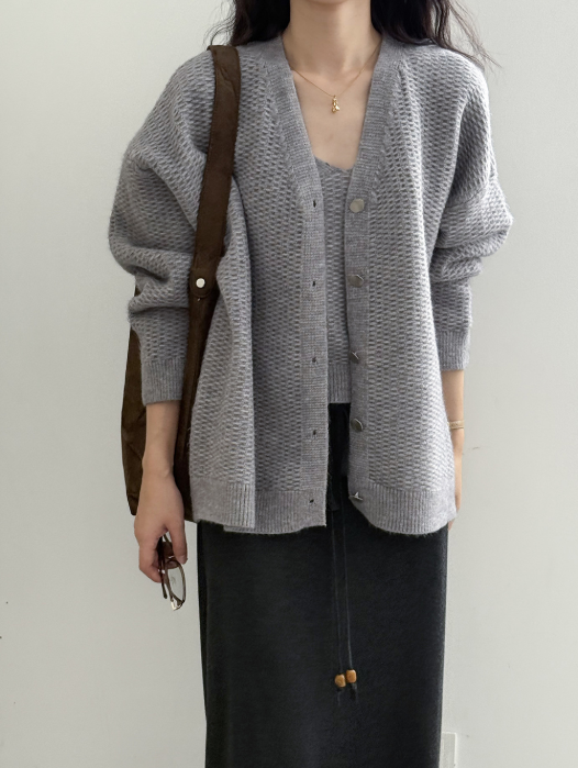 ワッフルニットカーデ × リブキャミソールセット