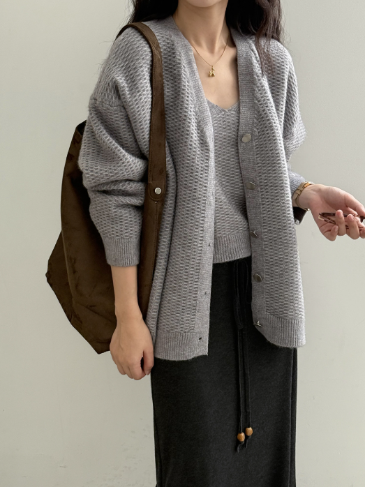 ワッフルニットカーデ × リブキャミソールセット