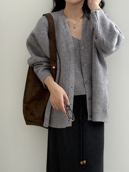 ワッフルニットカーデ × リブキャミソールセット