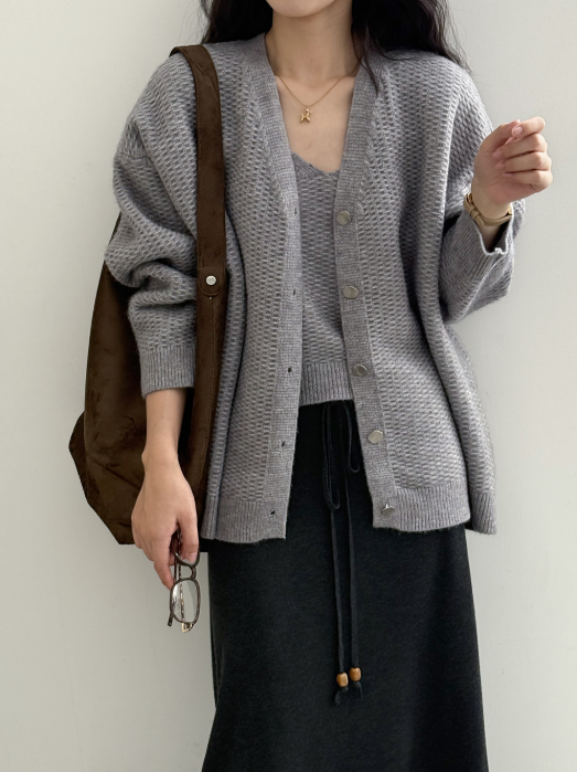 ワッフルニットカーデ × リブキャミソールセット