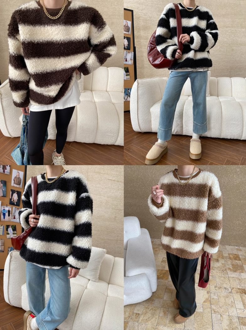 【11/28(金)PM12:00～販売START】ボアストライプモコモコオーバートップス