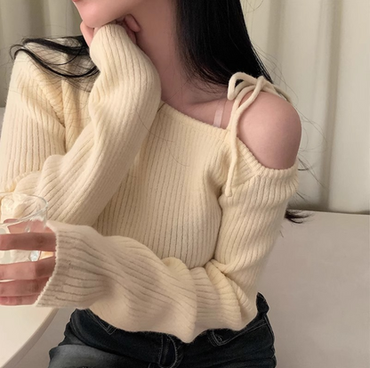 アシメショルダーリボンリブニットトップス