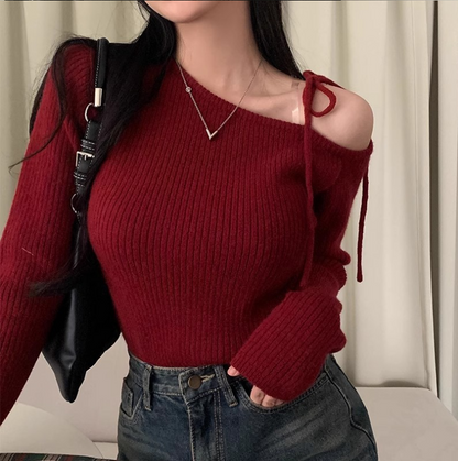 アシメショルダーリボンリブニットトップス