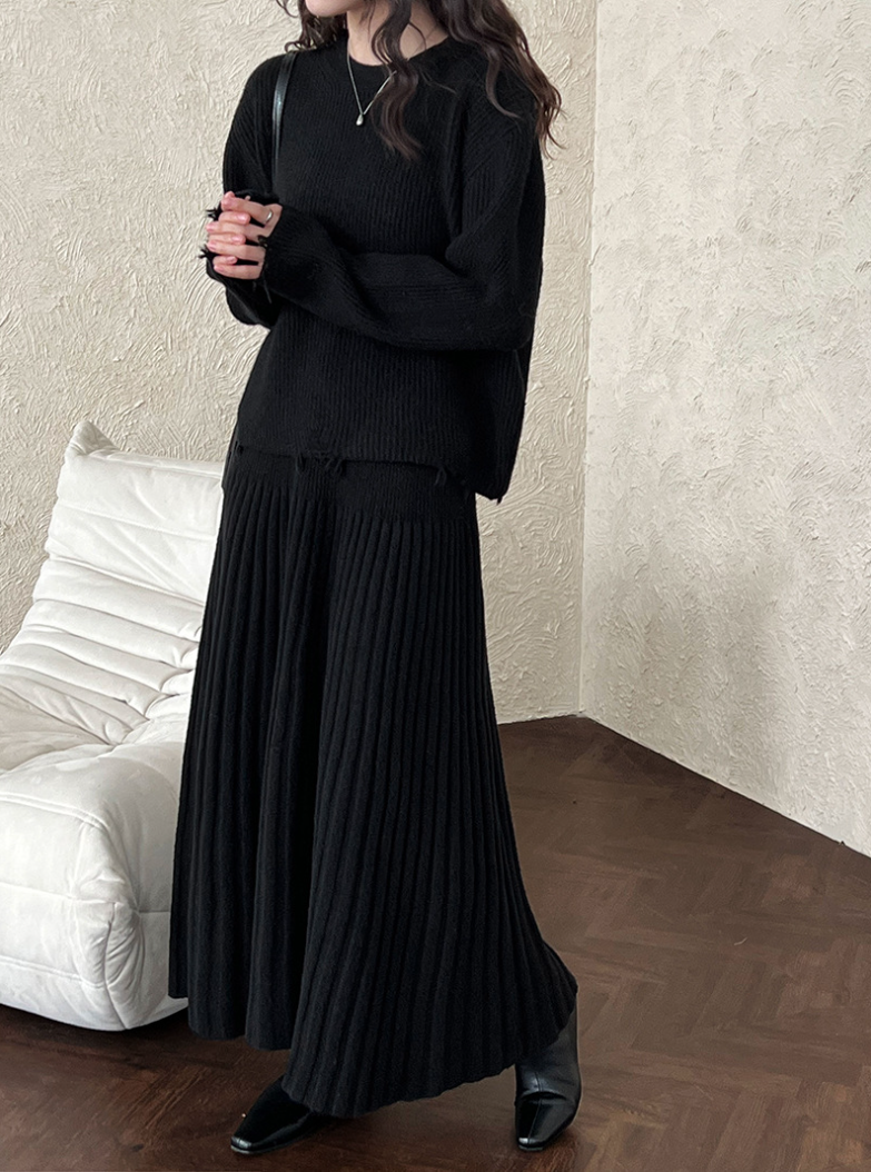 ［ SET ］ルーズフィットダメージニット×ロングスカートセット