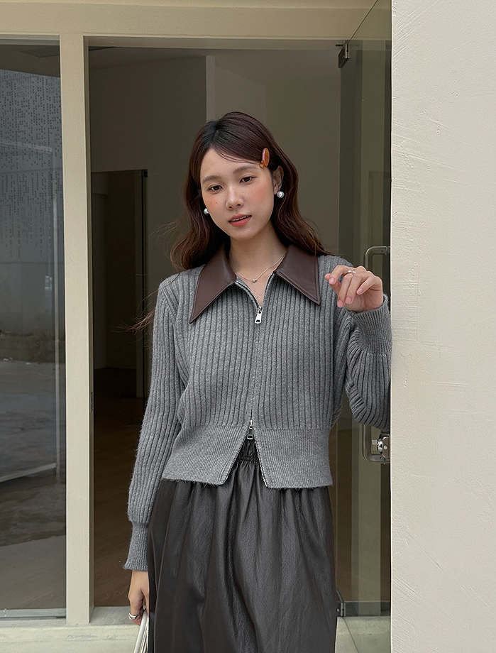 フェイクレザーカラーリブジップニットトップス