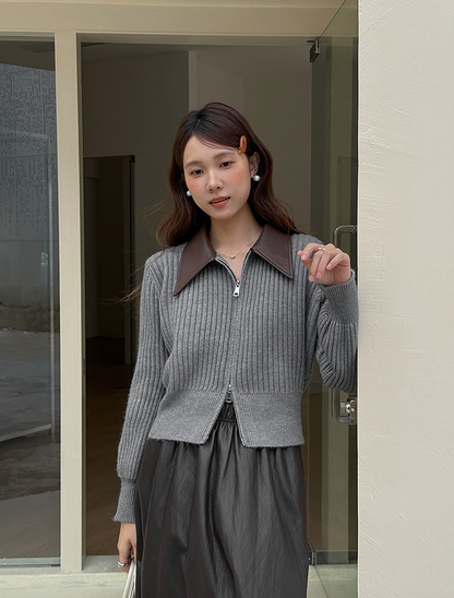 フェイクレザーカラーリブジップニットトップス