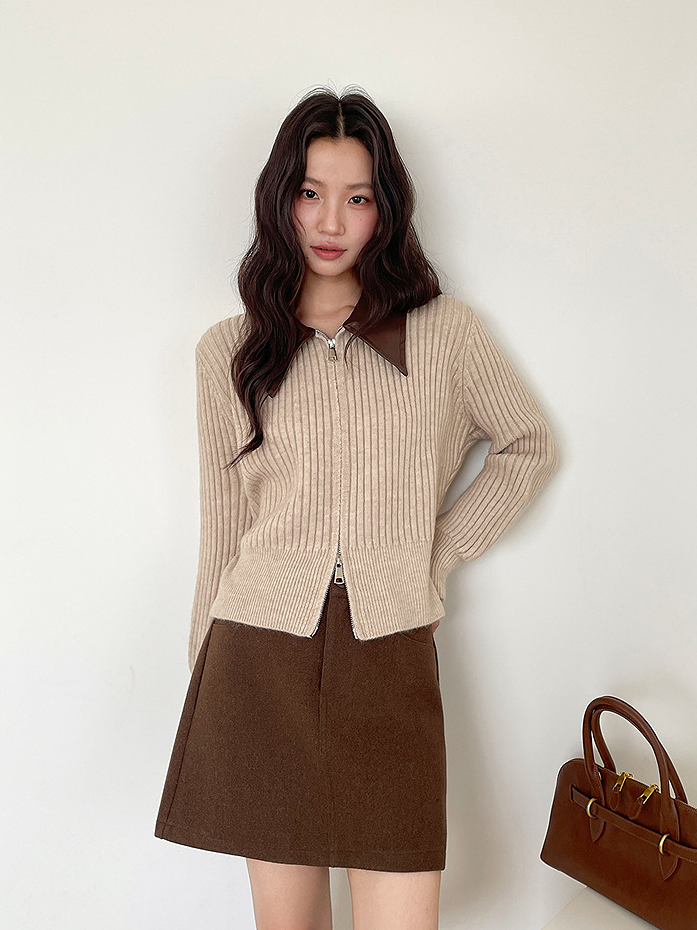 フェイクレザーカラーリブジップニットトップス