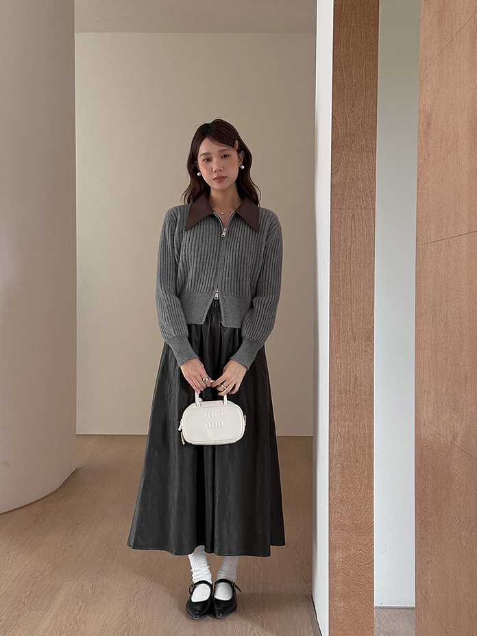 フェイクレザーカラーリブジップニットトップス