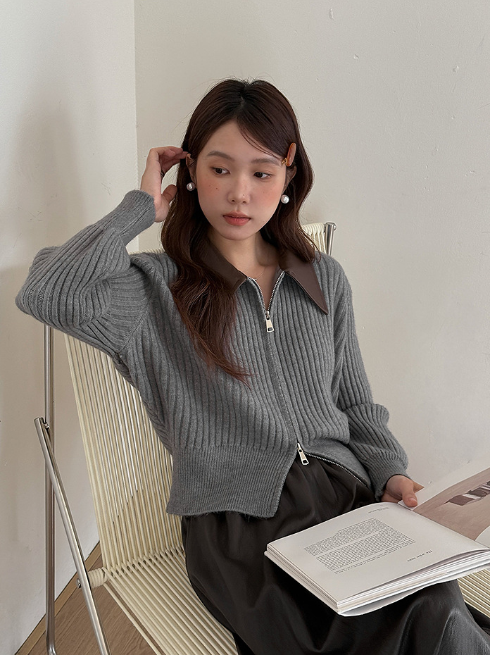 フェイクレザーカラーリブジップニットトップス