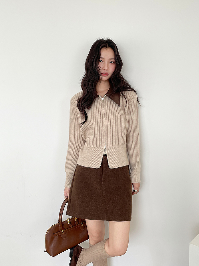 フェイクレザーカラーリブジップニットトップス