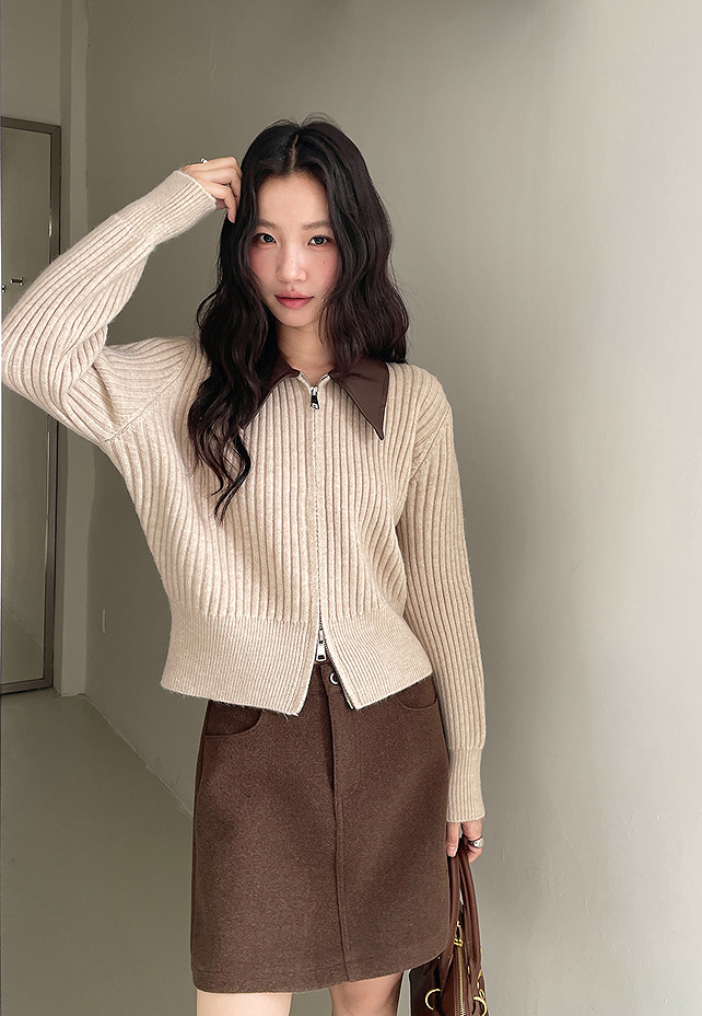 フェイクレザーカラーリブジップニットトップス