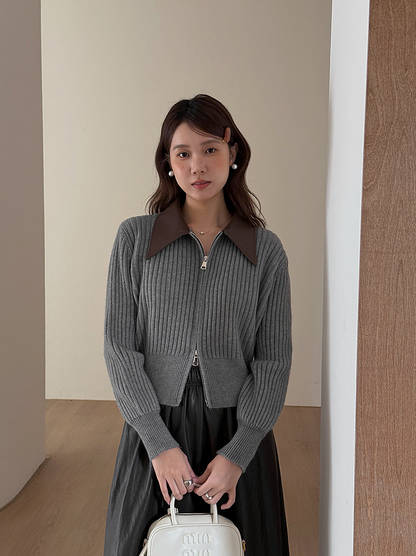 フェイクレザーカラーリブジップニットトップス