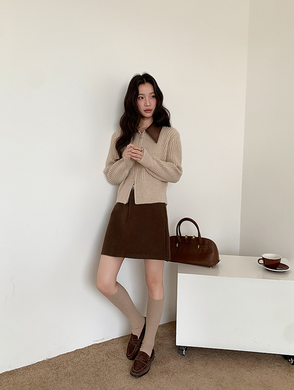 フェイクレザーカラーリブジップニットトップス