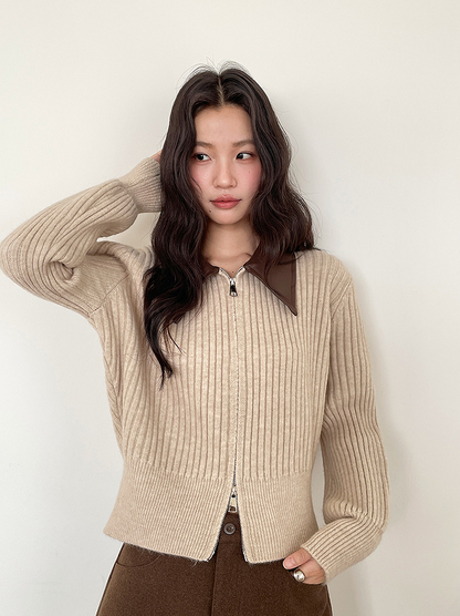 フェイクレザーカラーリブジップニットトップス