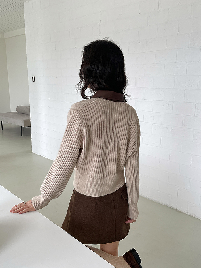 フェイクレザーカラーリブジップニットトップス