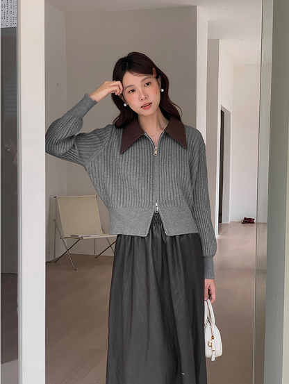 フェイクレザーカラーリブジップニットトップス