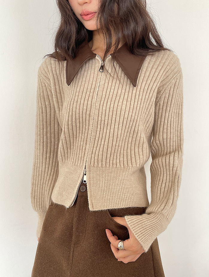 フェイクレザーカラーリブジップニットトップス