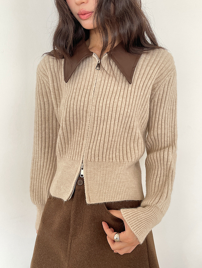 フェイクレザーカラーリブジップニットトップス