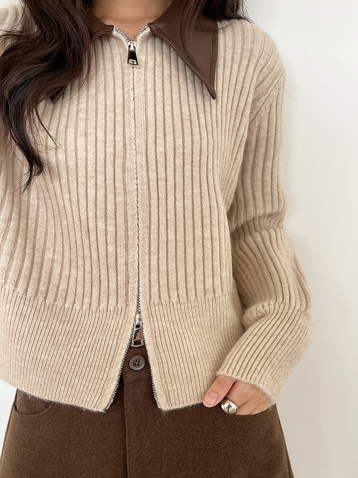 フェイクレザーカラーリブジップニットトップス