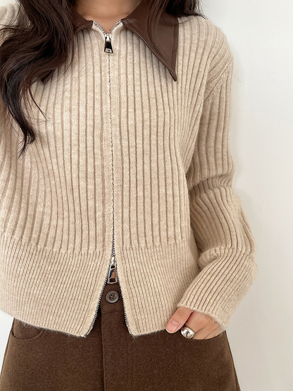 フェイクレザーカラーリブジップニットトップス