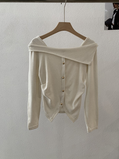 アシメオフショルボタンニットトップス