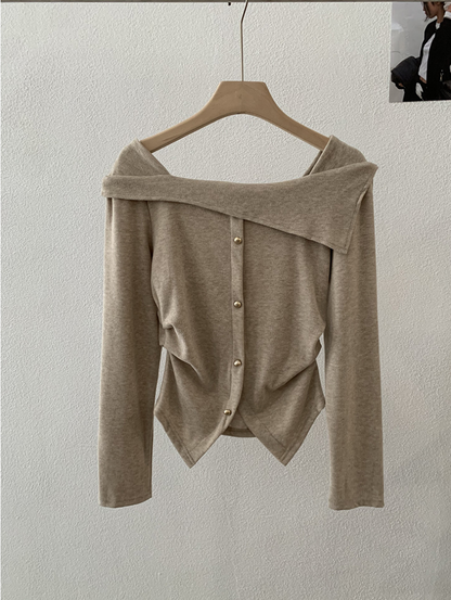 アシメオフショルボタンニットトップス