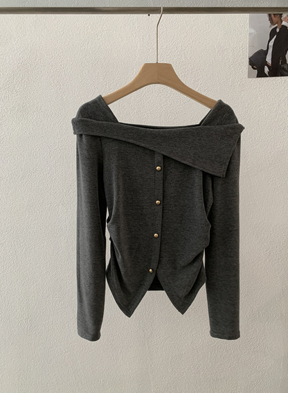 アシメオフショルボタンニットトップス