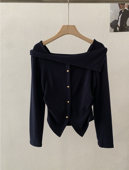 アシメオフショルボタンニットトップス