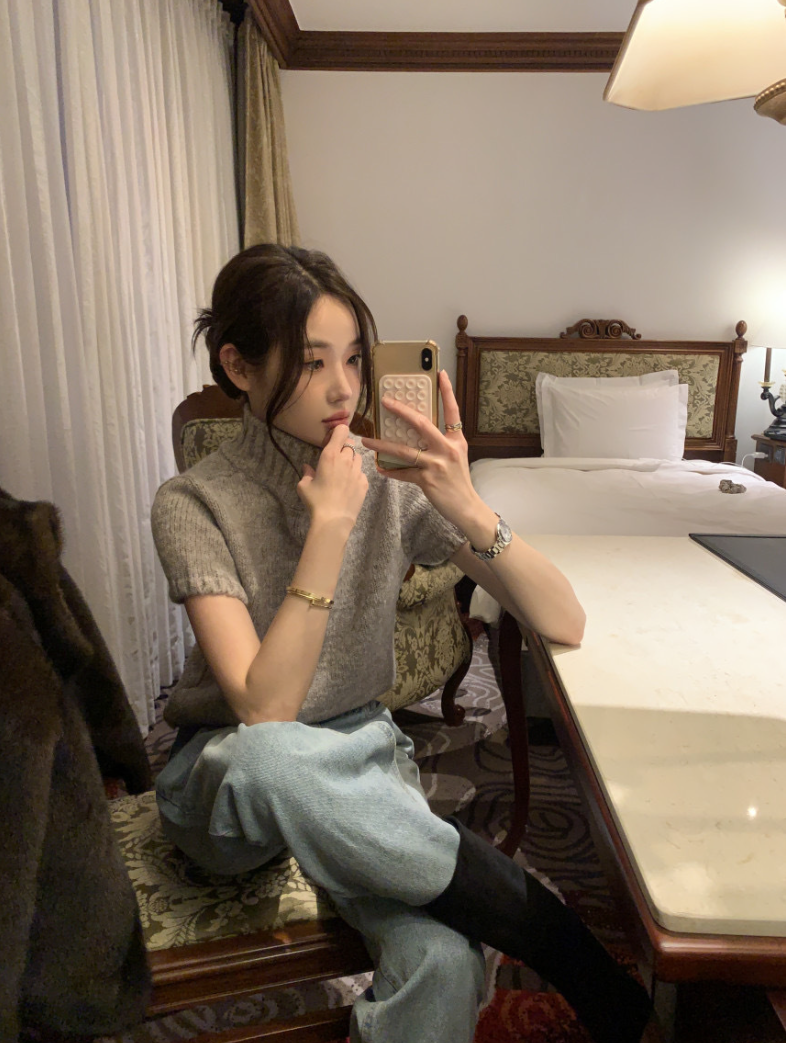 【即納】ハイネックリブニットトップス