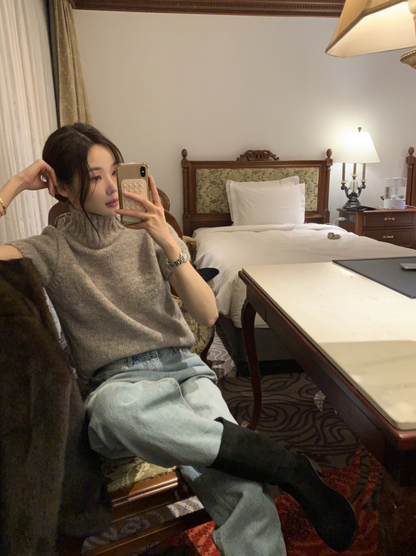 【即納】ハイネックリブニットトップス