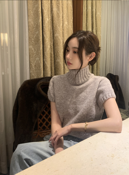 【即納】ハイネックリブニットトップス