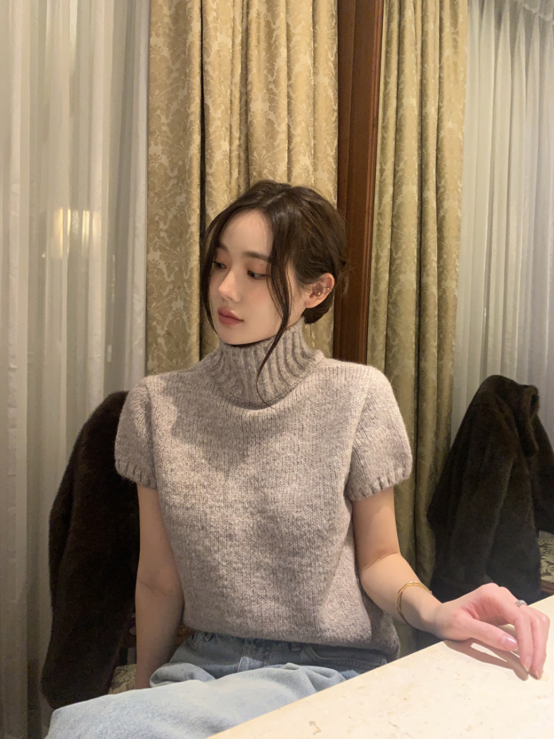 【即納】ハイネックリブニットトップス