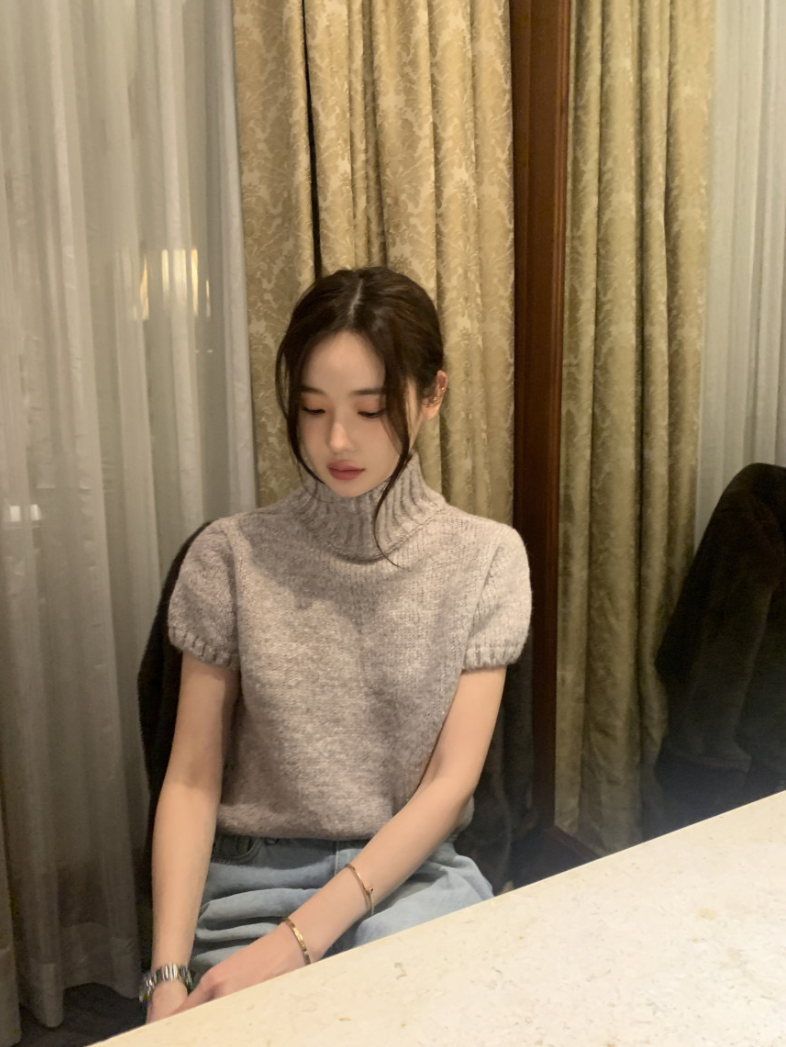 【即納】ハイネックリブニットトップス