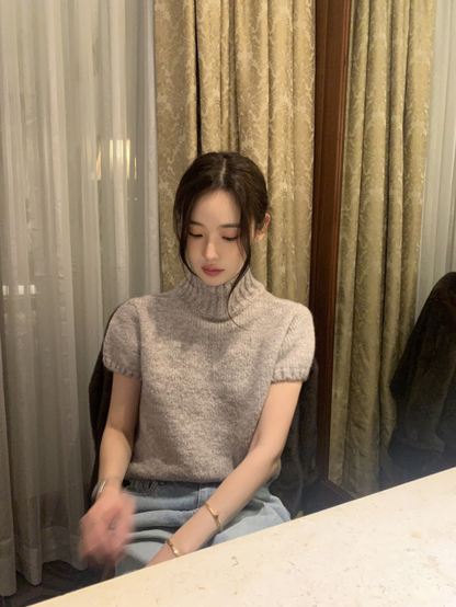 【即納】ハイネックリブニットトップス