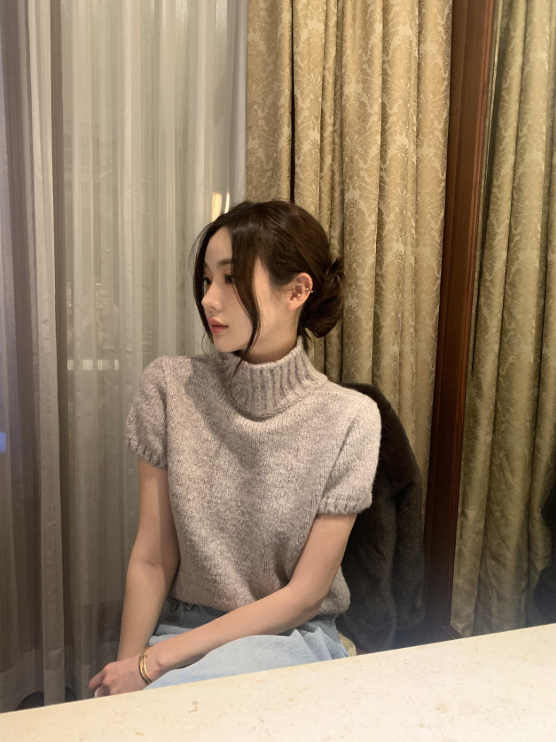 【即納】ハイネックリブニットトップス