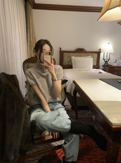 【即納】ハイネックリブニットトップス