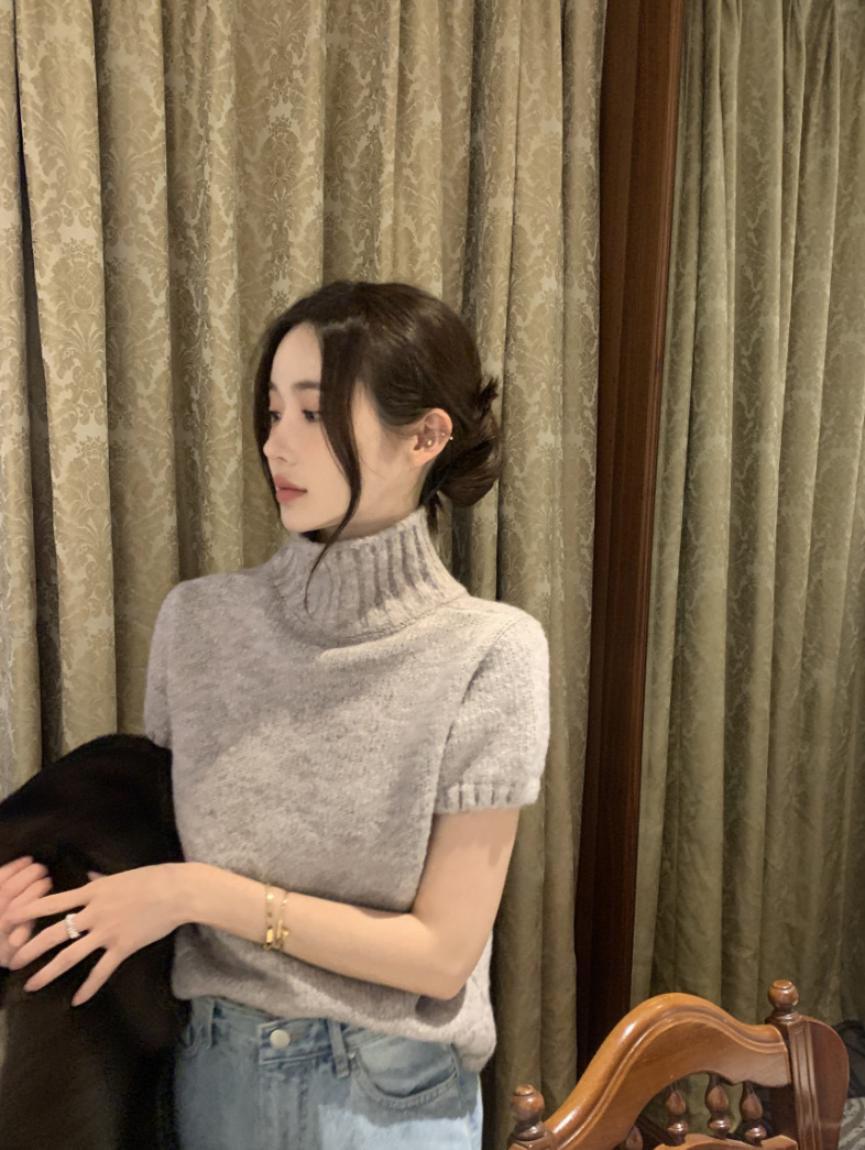 【即納】ハイネックリブニットトップス