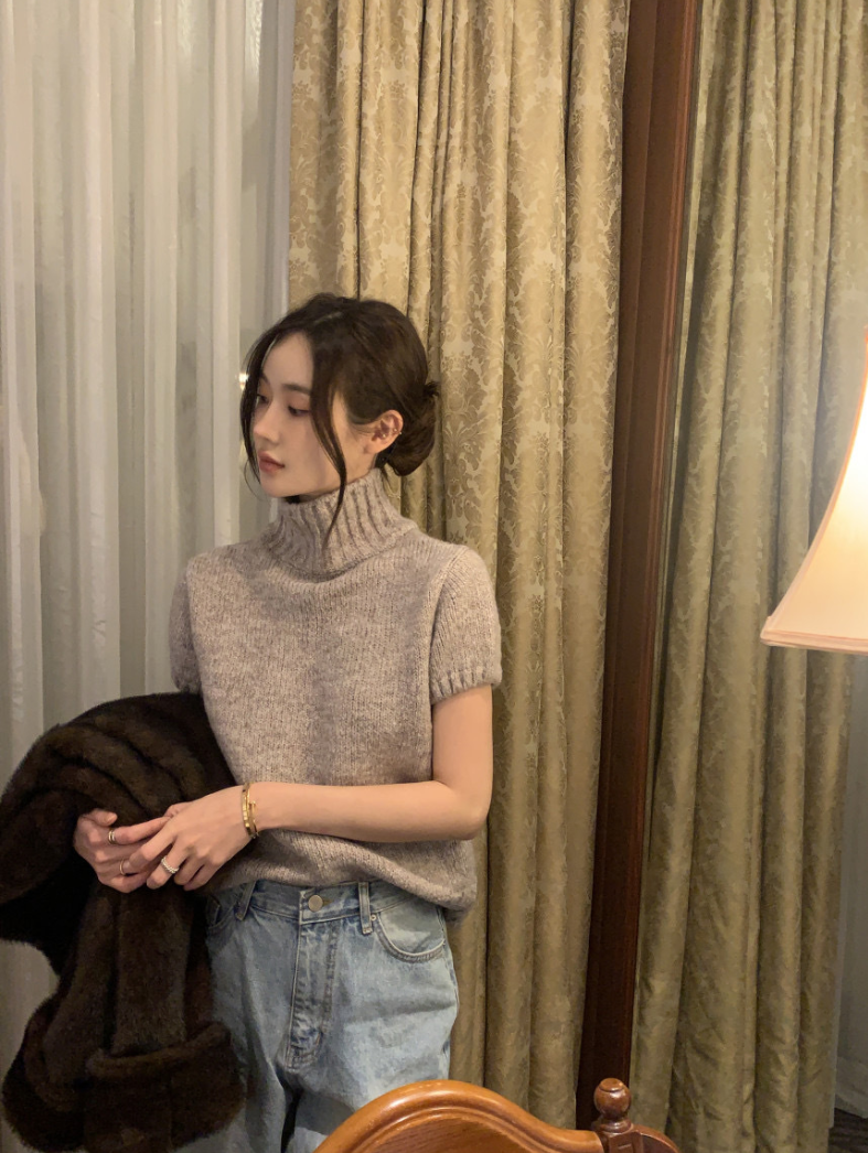 【即納】ハイネックリブニットトップス