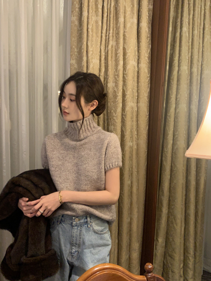 【即納】ハイネックリブニットトップス