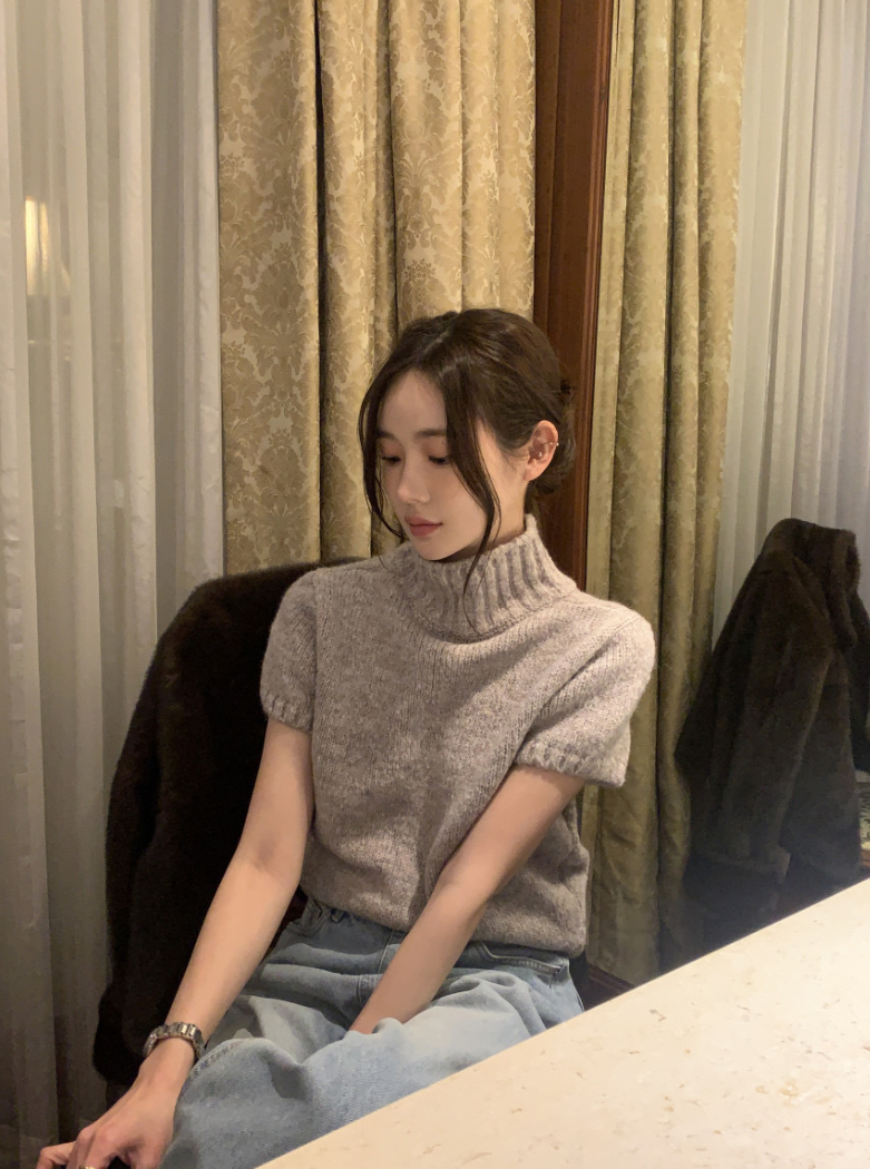 【即納】ハイネックリブニットトップス