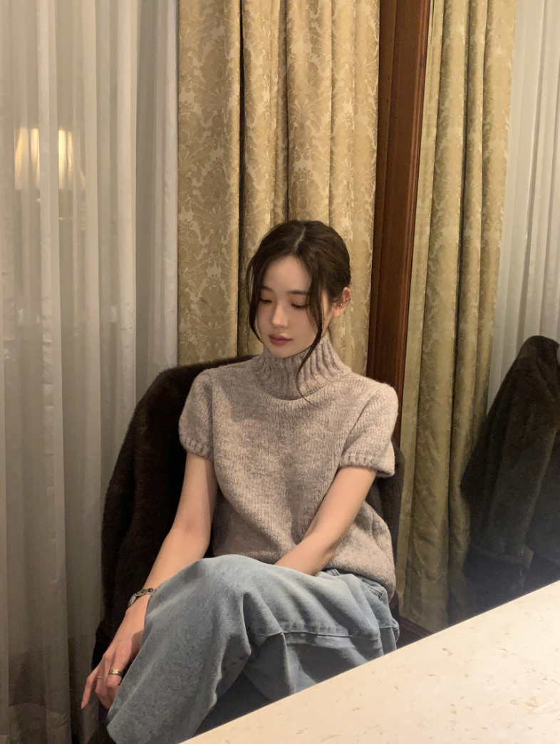 【即納】ハイネックリブニットトップス