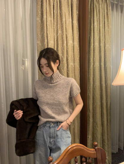 【即納】ハイネックリブニットトップス
