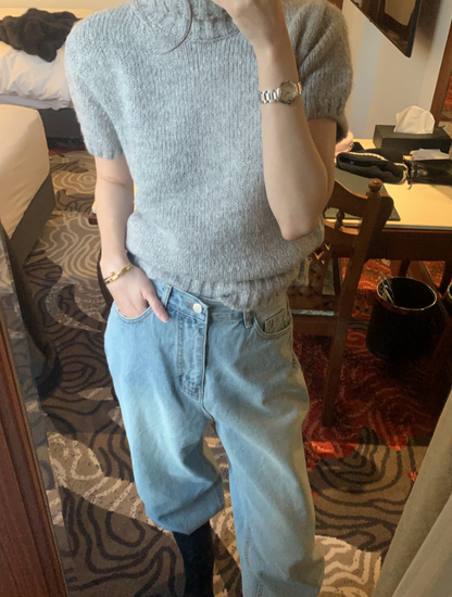 【即納】ハイネックリブニットトップス