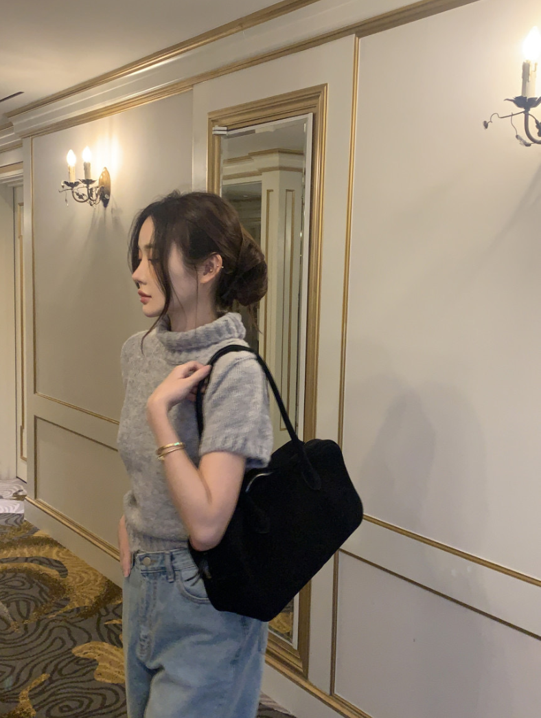 【即納】ハイネックリブニットトップス