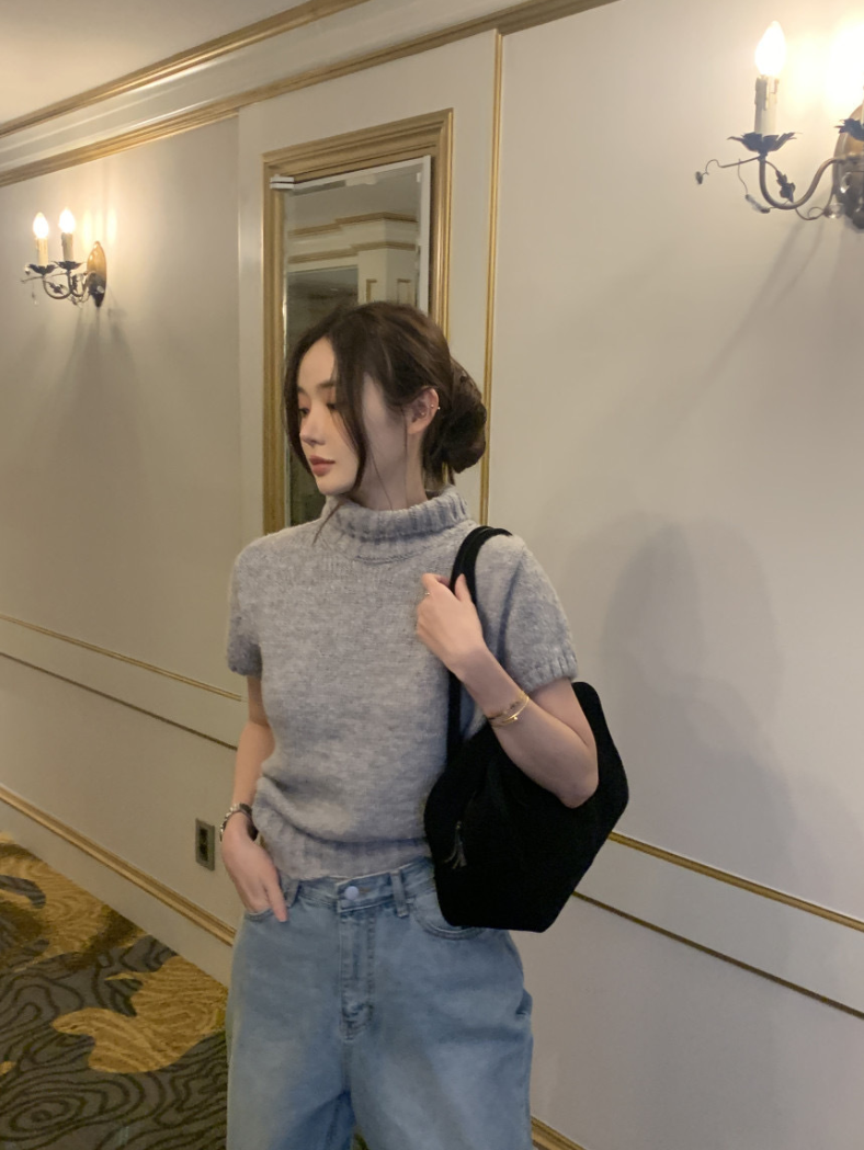 【即納】ハイネックリブニットトップス